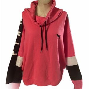 PINK Victoria's Secret Coral Pink & Black Colorblock Funnel Hoodie
